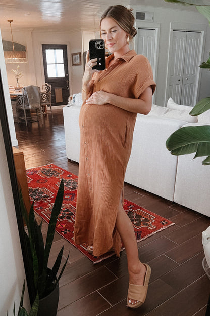 Camel Button Down Maternity Midi Dress