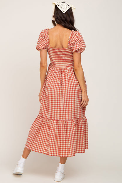 Rust Gingham Smocked Maternity Midi Dress