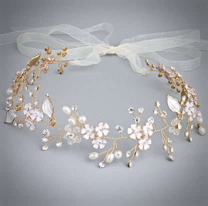 "Angelina" - Pearl and Crystal Bridal Headband - Available in Silver, Rose Gold and Yellow Gold
