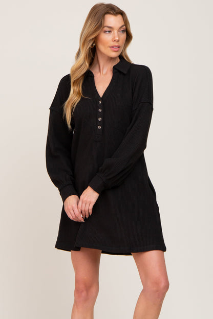 Black Waffle Knit Collared Long Sleeve Maternity Dress