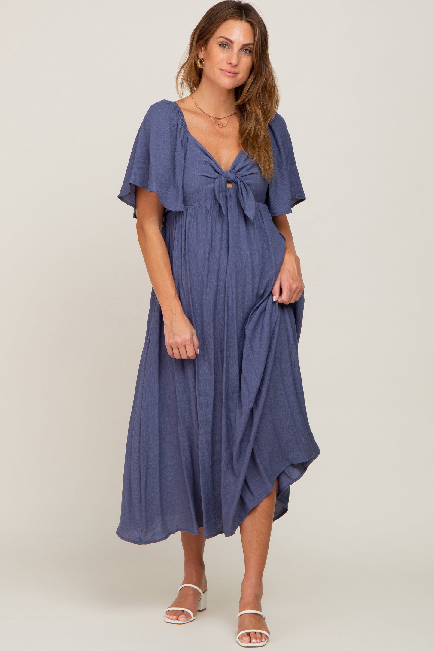 Navy Front Tie Ruffle Sleeve Maternity Midi Dress