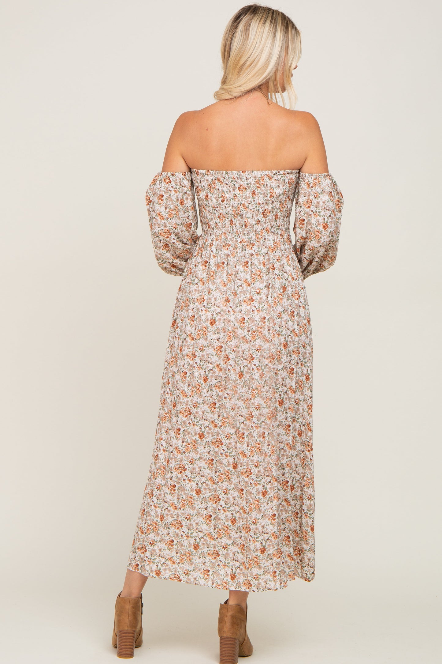 Taupe Floral Off Shoulder Long Sleeve Maxi Dress