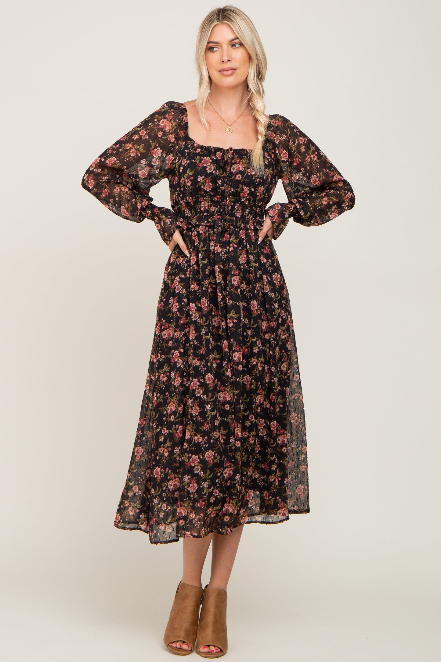 Black Floral Chiffon Smocked Waist Midi Dress