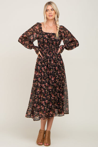 Black Floral Chiffon Smocked Waist Midi Dress