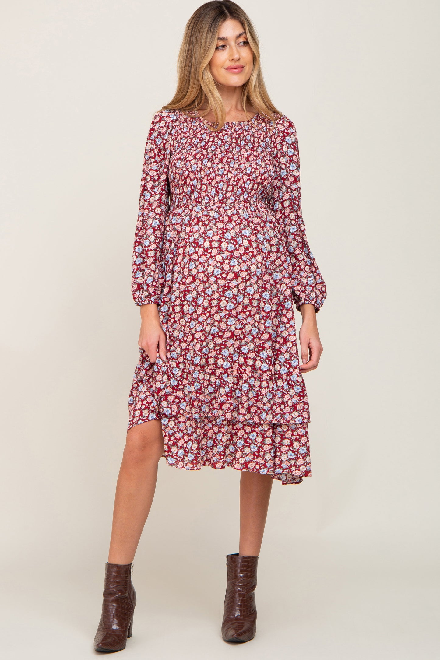 Burgundy Floral Smocked Long Sleeve Maternity Midi Dress