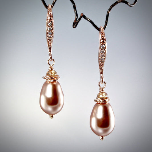 "Shanti" - Swarovski Pearl and Rose Gold Bridal Earrings