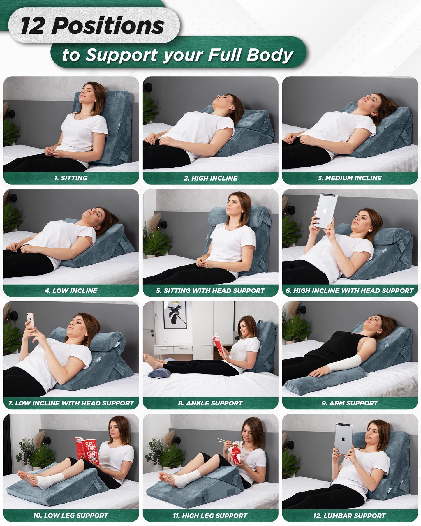 LX6 3pcs Orthopedic Bed Wedge Pillow System, with Hot Cold Pack Navy