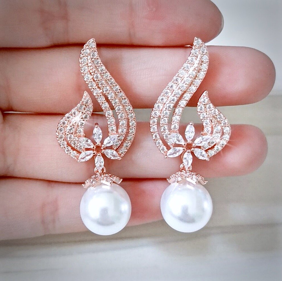Lavinia - Pearl and Cubic Zirconia Bridal Earrings - Available in Silver, Rose Gold and Yellow Gold