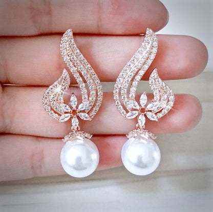 Lavinia - Pearl and Cubic Zirconia Bridal Earrings - Available in Silver, Rose Gold and Yellow Gold