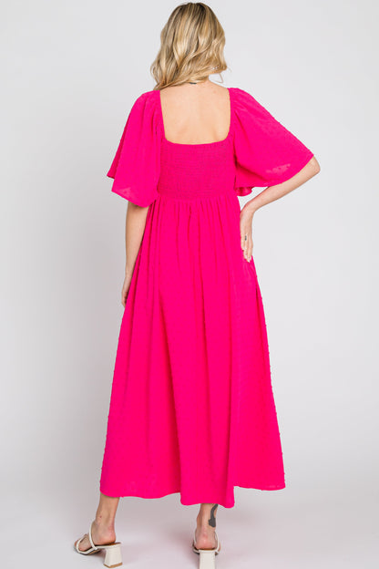 Fuchsia Textured Dot Front Tie Ruffle Sleeve Midi Dress