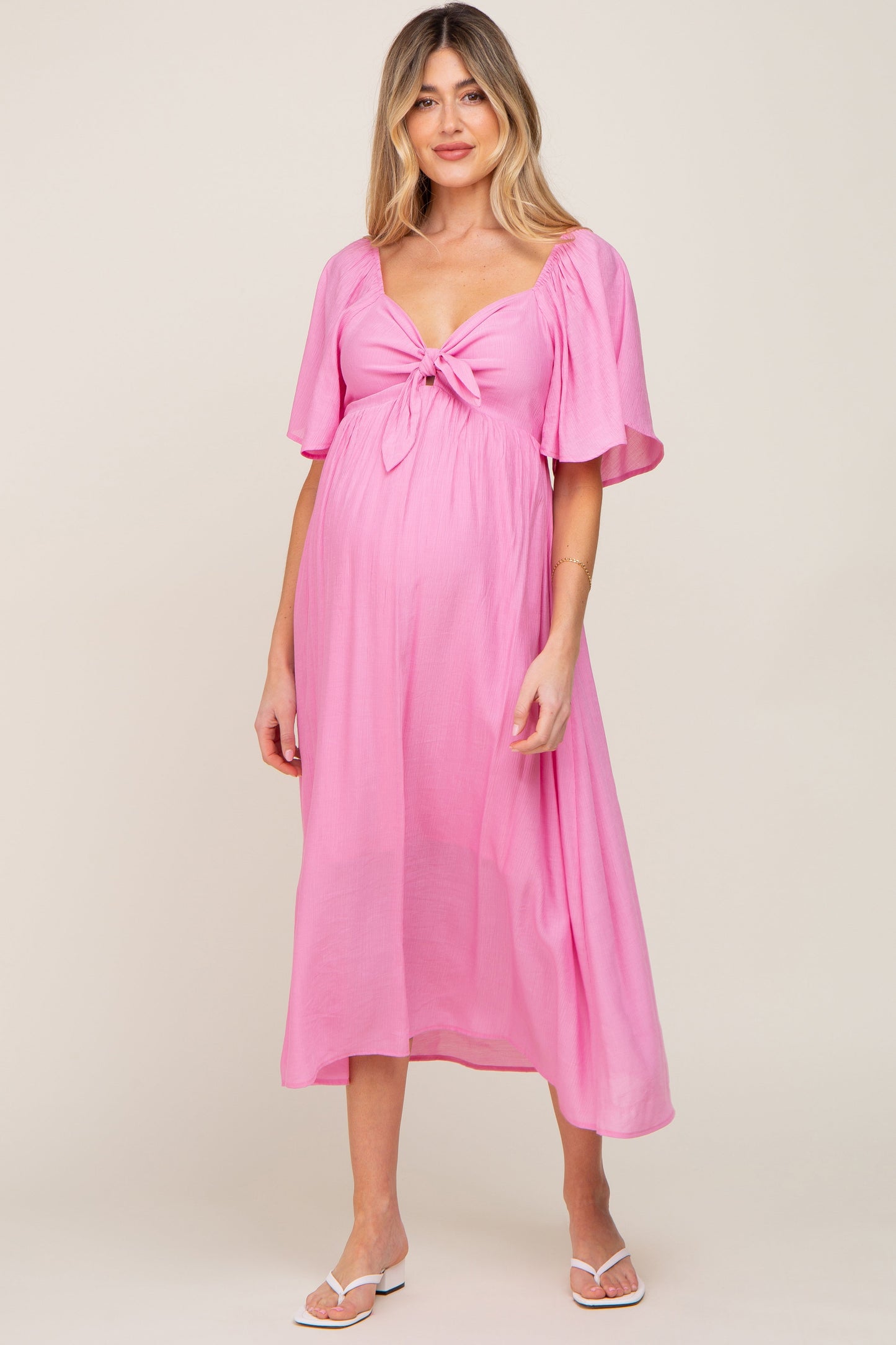 Pink Front Tie Ruffle Sleeve Maternity Midi Dress