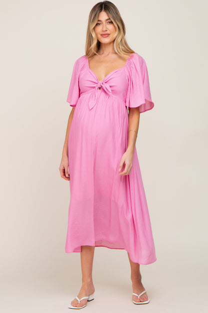 Pink Front Tie Ruffle Sleeve Maternity Midi Dress