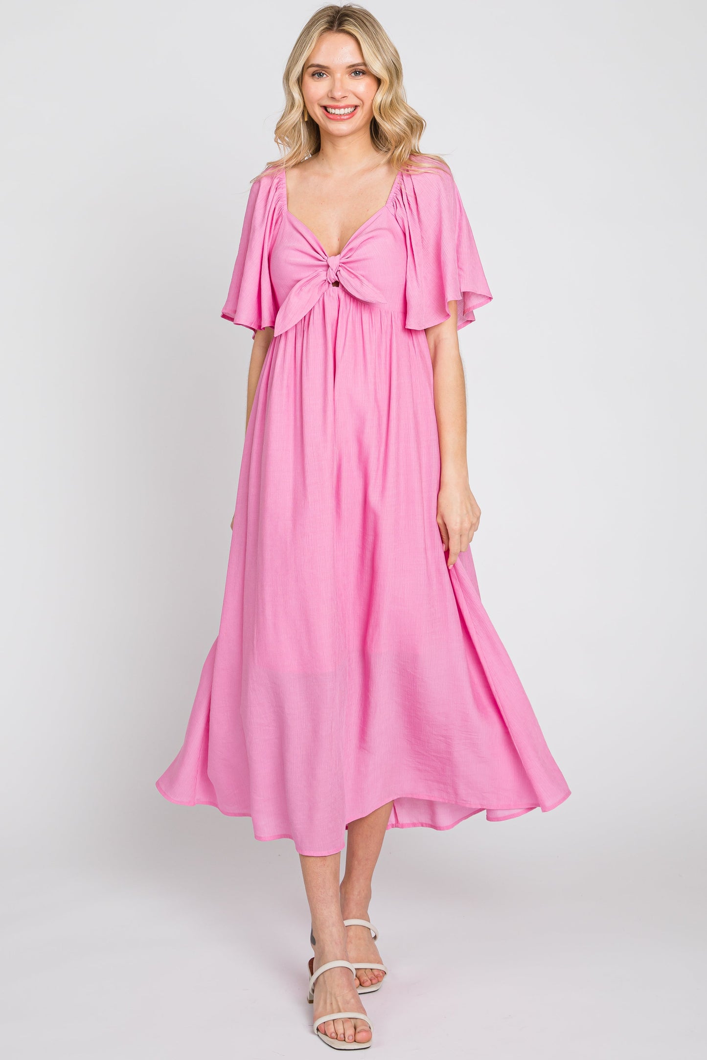 Pink Front Tie Ruffle Sleeve Midi Dress