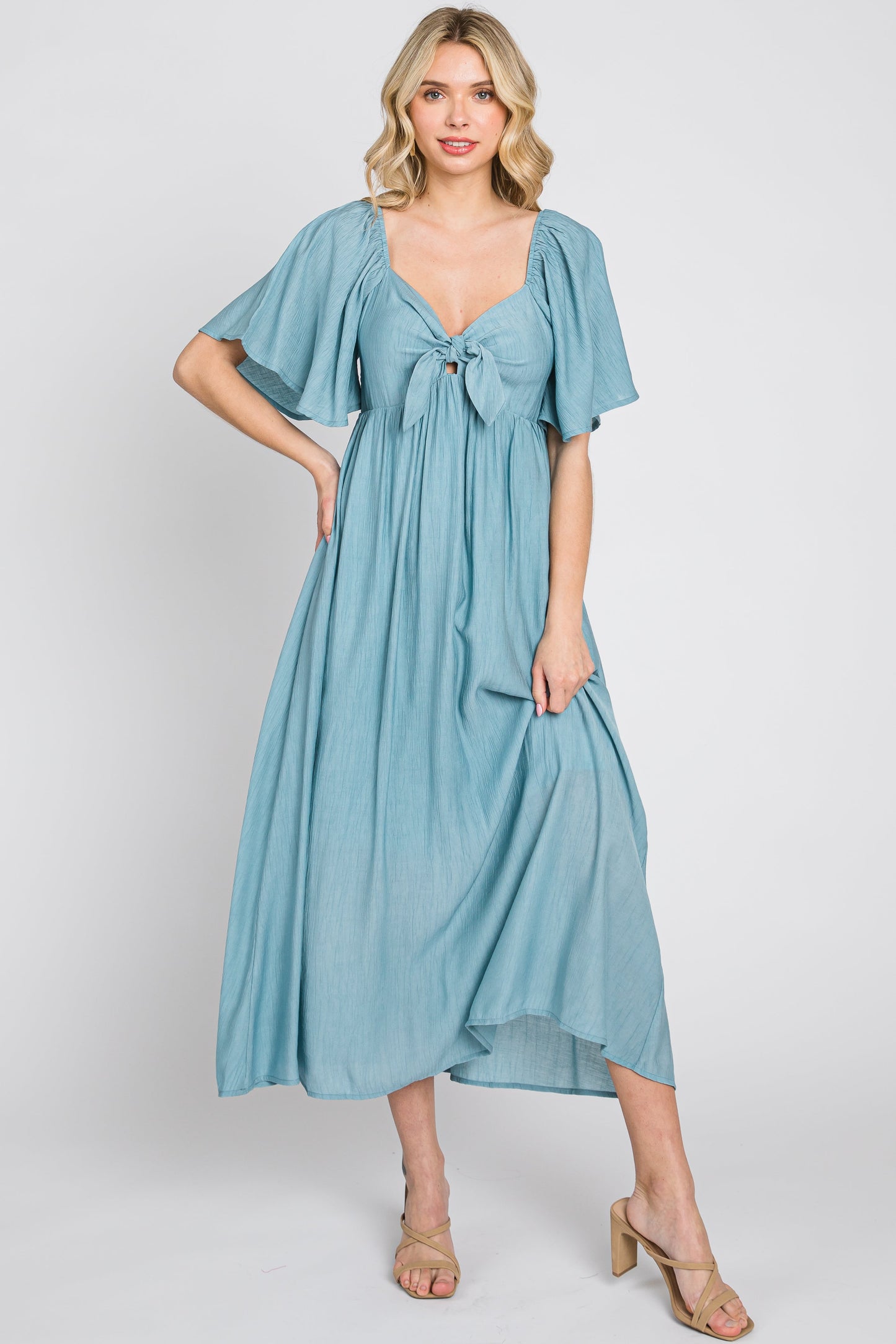 Blue Front Tie Ruffle Sleeve Midi Dress