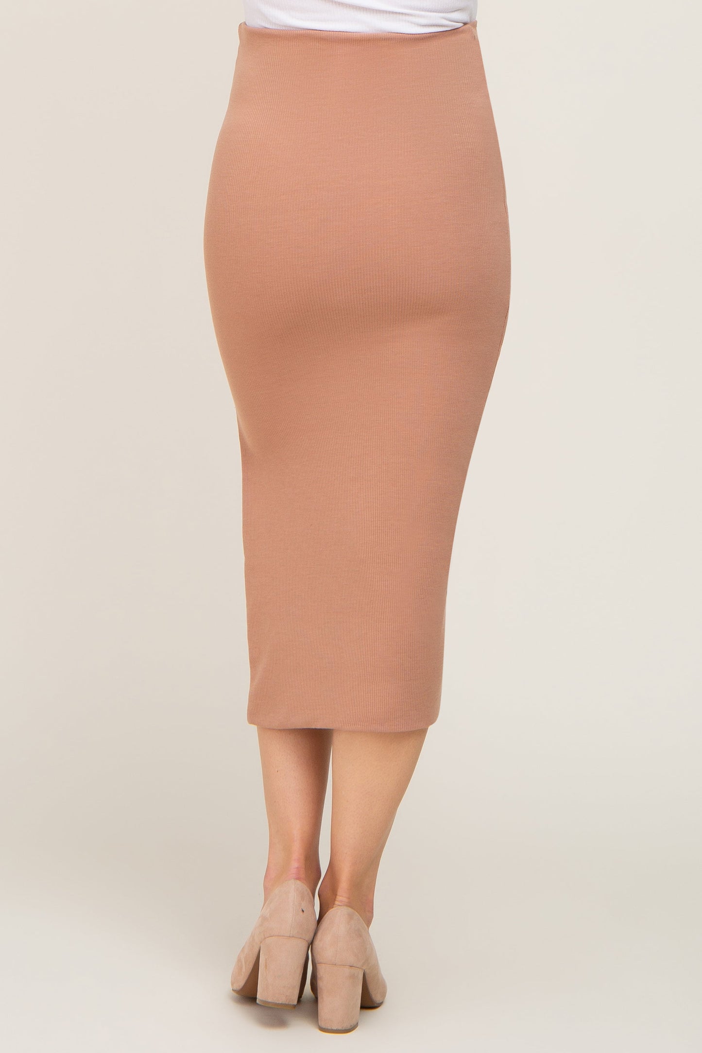 Mocha Ribbed Side Slit Maternity Midi Skirt