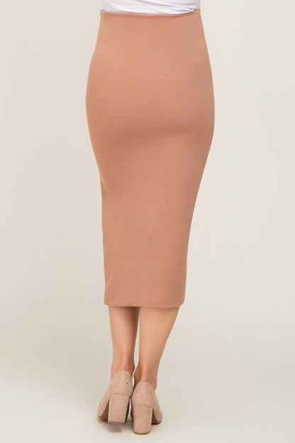 Mocha Ribbed Side Slit Maternity Midi Skirt