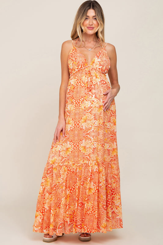 Orange Printed Halter Maternity Dress