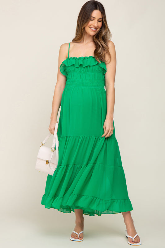Green Shirred Ruffle Maternity Midi Dress
