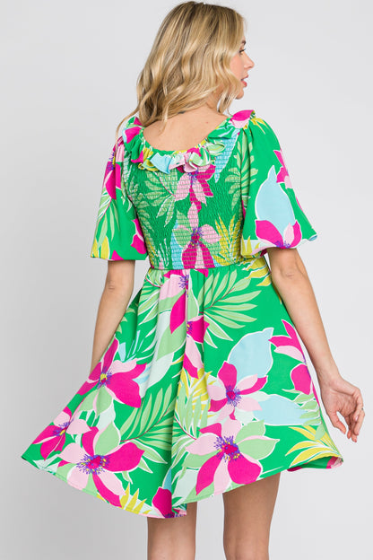 Green Floral Smocked Puff Sleeve Dress