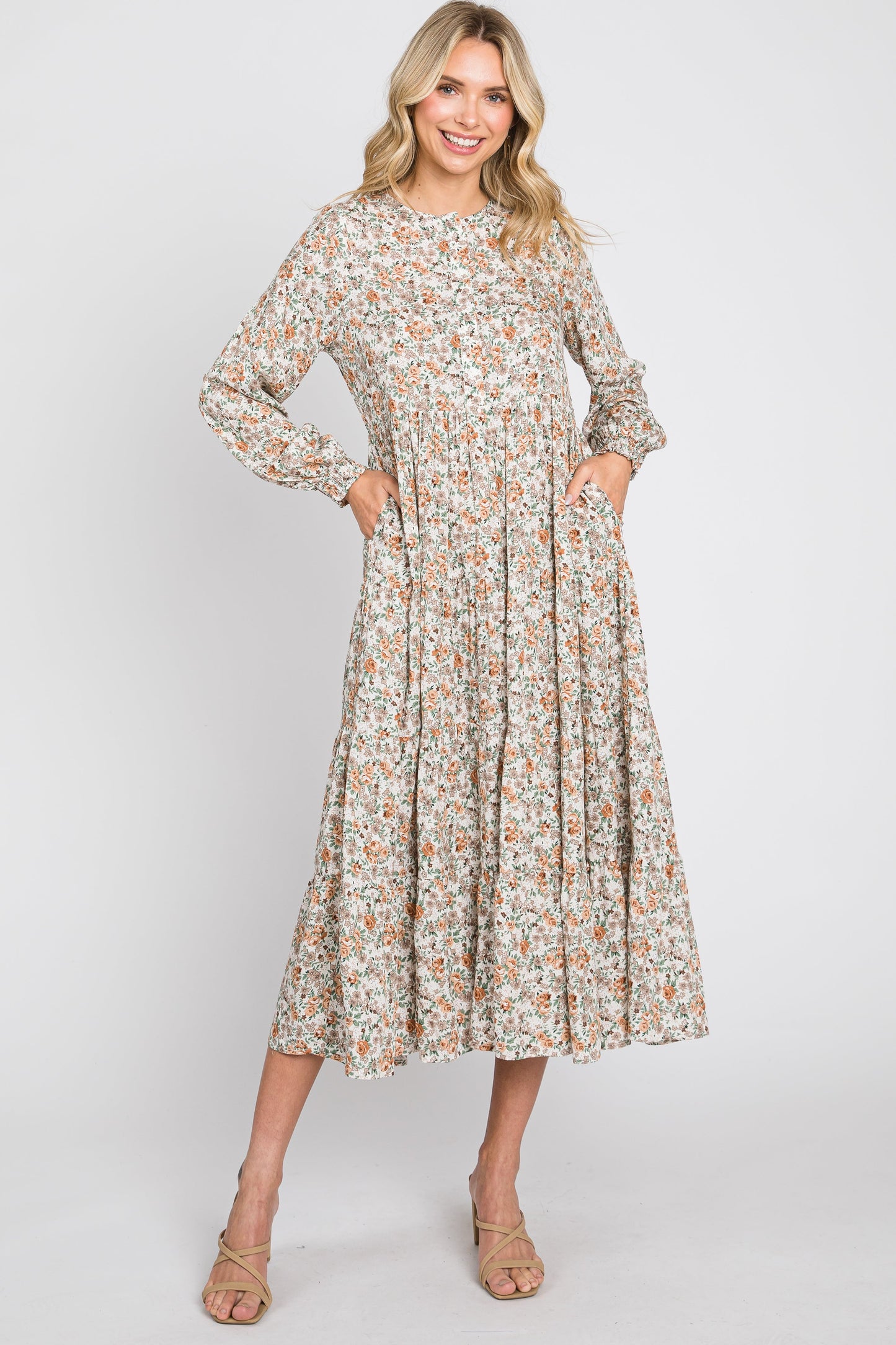 Beige Floral Button Front Long Sleeve Tiered Midi Dress