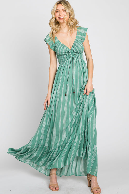 Green Striped Off Shoulder Front Tie Maxi Dress