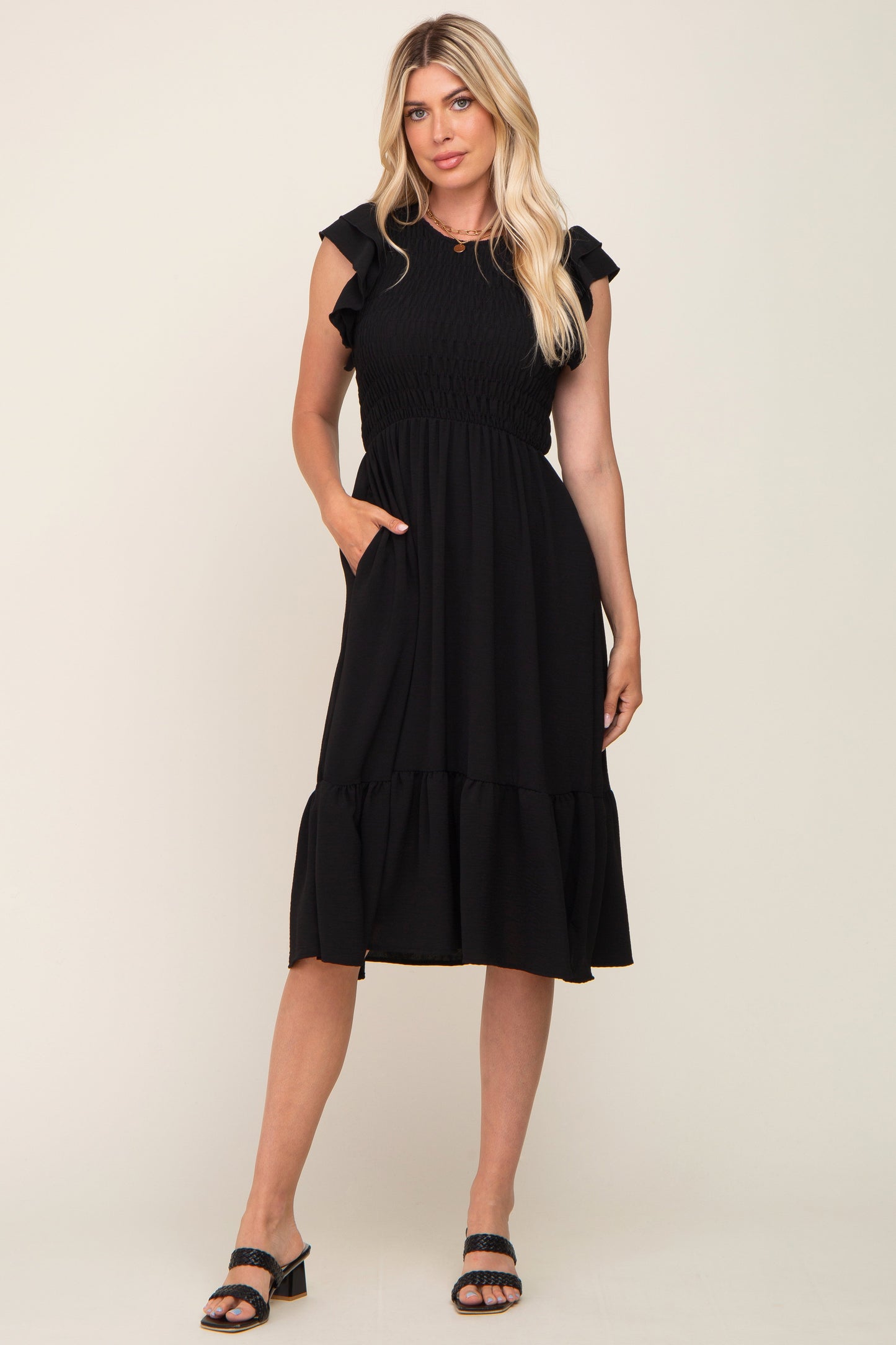 Black Smocked Layered Ruffle Flutter Sleeve Midi Dress