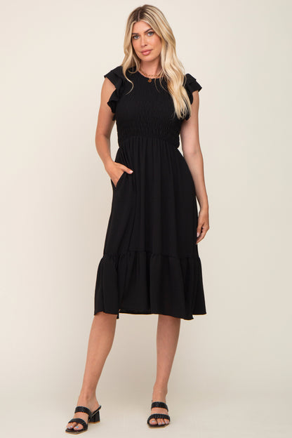 Black Smocked Layered Ruffle Flutter Sleeve Midi Dress