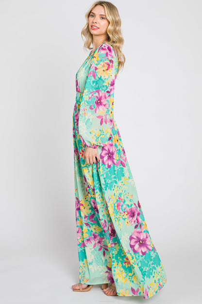 Turquoise Floral Side Cutout Maxi Dress
