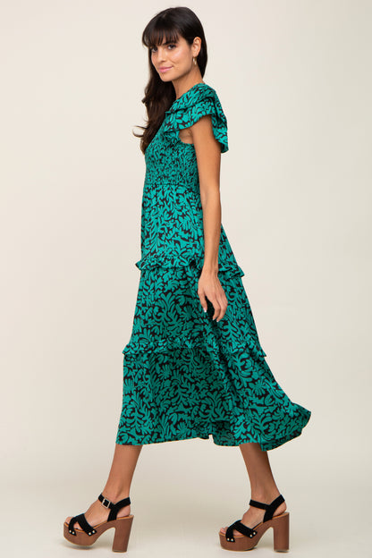 Green Print Smocked Ruffle Tiered Midi Dress