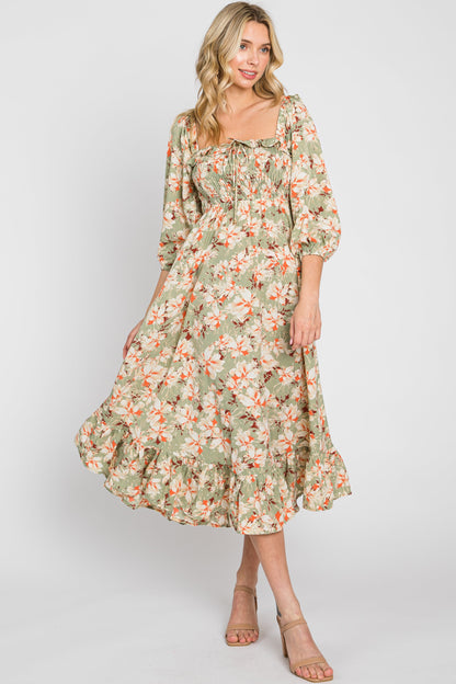 Light Olive Floral Ruffle Square Neck Smocked Front Tie Midi Dress