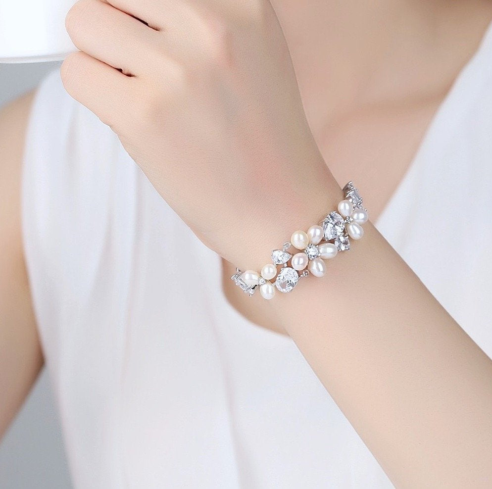 Eloise - Freshwater Pearl and Cubic Zirconia Bridal Bracelet - Available in Rose Gold and Silver