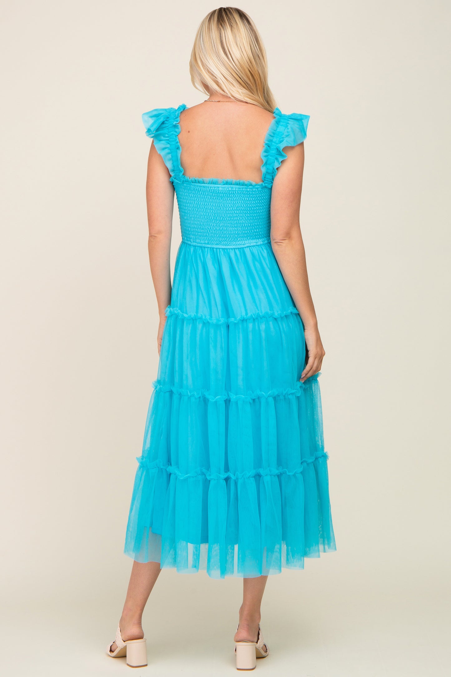 Turquoise Smocked Mesh Ruffle Accent Midi Dress