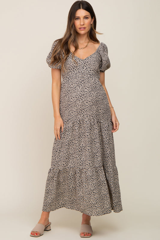 Ivory Floral Puff Sleeve Maternity Maxi Dress