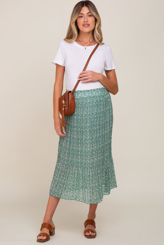 Green Floral Pleated Maternity Midi Skirt