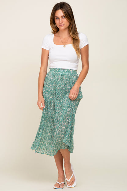 Green Floral Pleated Maternity Midi Skirt