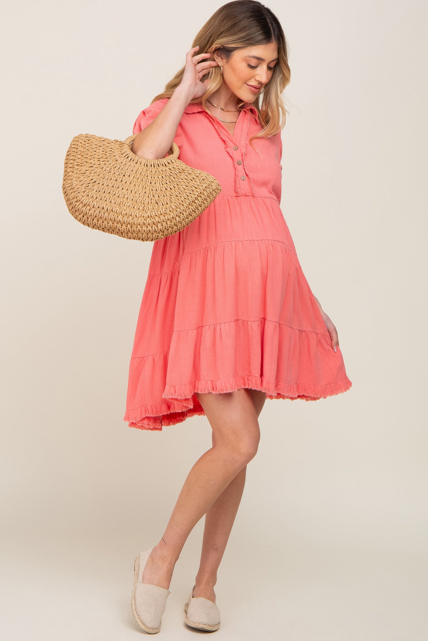 Coral Tiered Collared Linen Maternity Dress