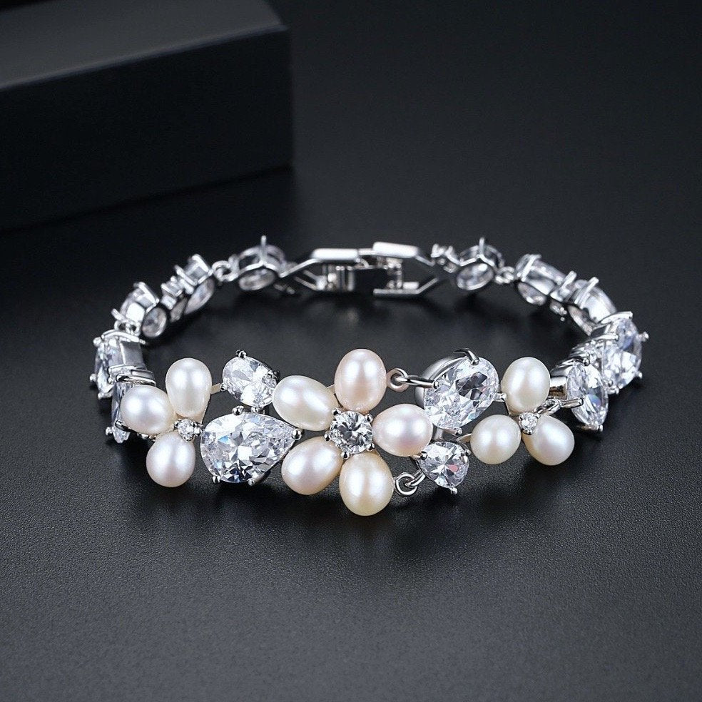 Eloise - Freshwater Pearl and Cubic Zirconia Bridal Bracelet - Available in Rose Gold and Silver