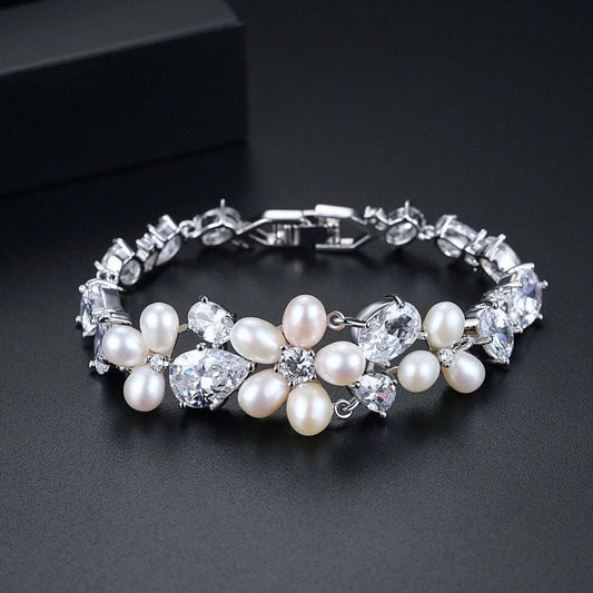 Eloise - Freshwater Pearl and Cubic Zirconia Bridal Bracelet - Available in Rose Gold and Silver