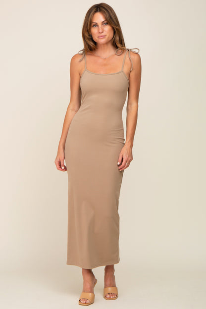 Taupe Soft Knit Shoulder Tie Maxi Dress