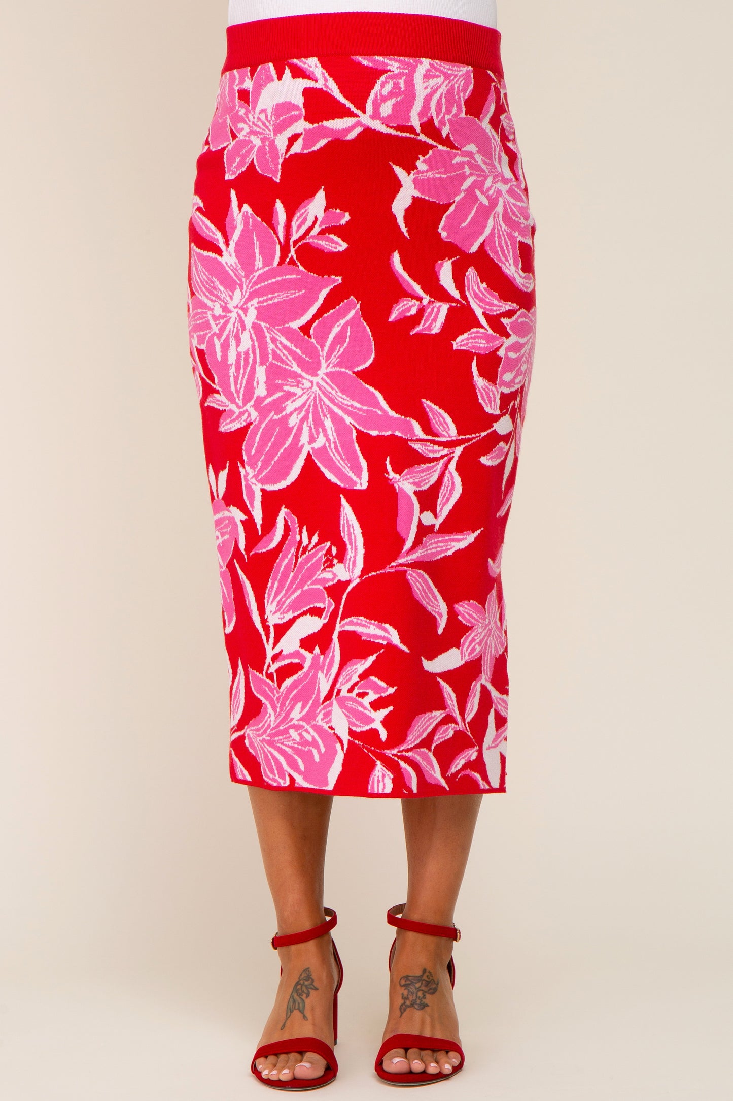 Red Floral Knit Maternity Midi Skirt