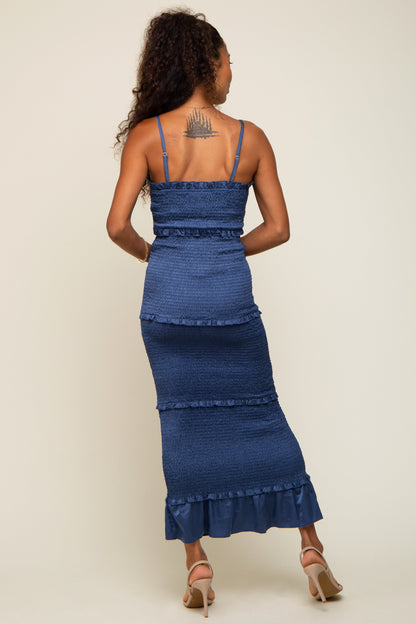 Blue Satin Smocked Fitted Maxi Dress