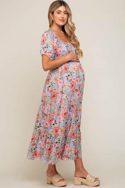 Blue Floral Smocked Square Neck Tiered Maternity Maxi Dress