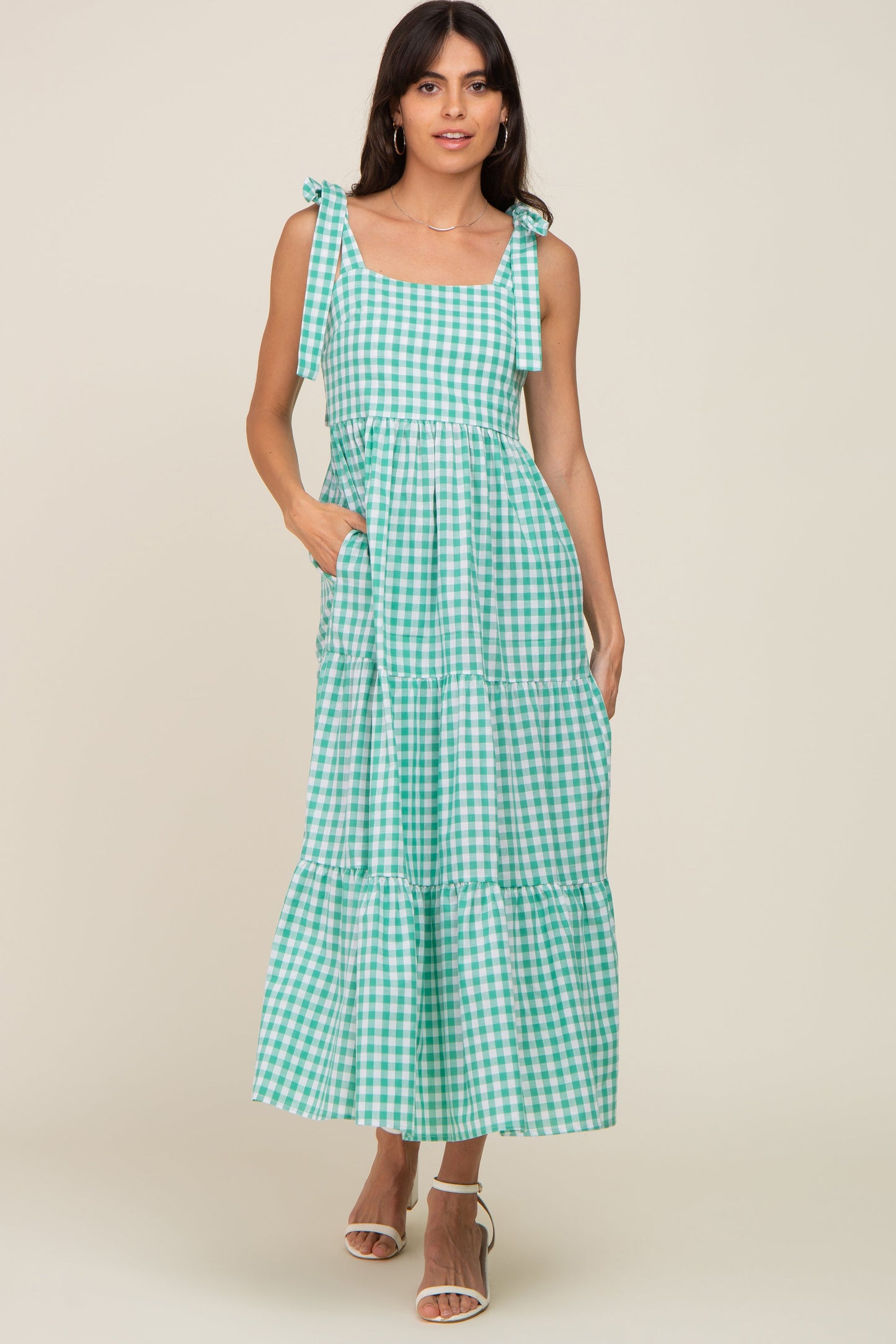 Green Checkered Sleeveless Tiered Maxi Dress