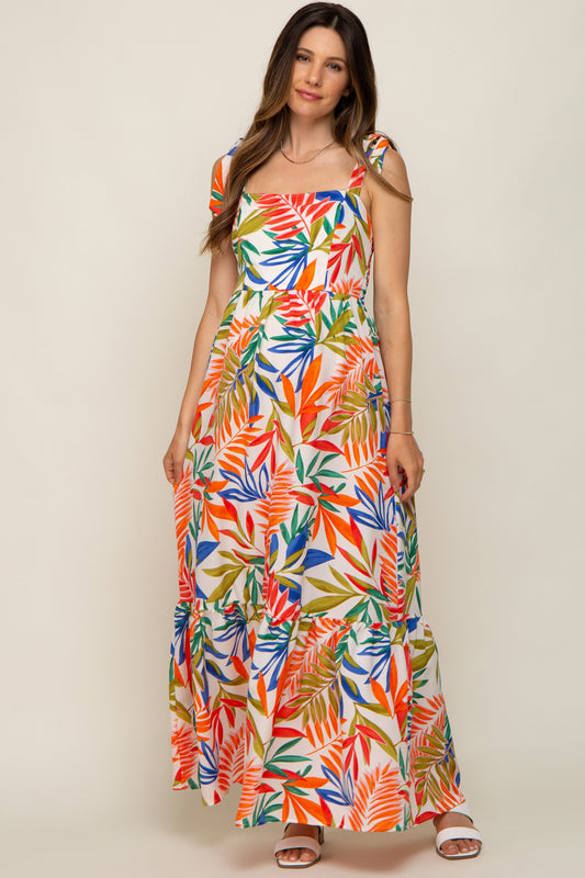 Orange Multi-Color Palm Print Shoulder Tie Maternity Maxi Dress