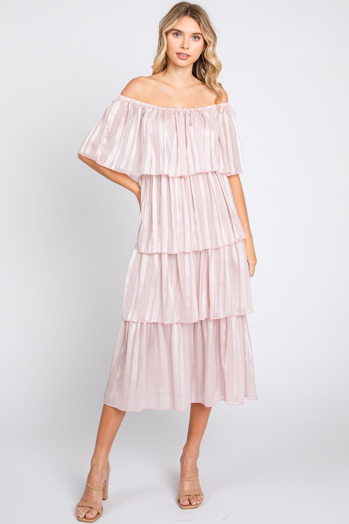 Light Pink Striped Layered Maternity Midi Dress