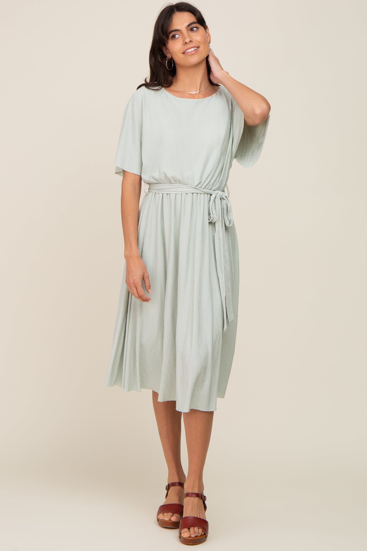 Mint Green Crinkle Knit Tie Waist Short Sleeve Dress