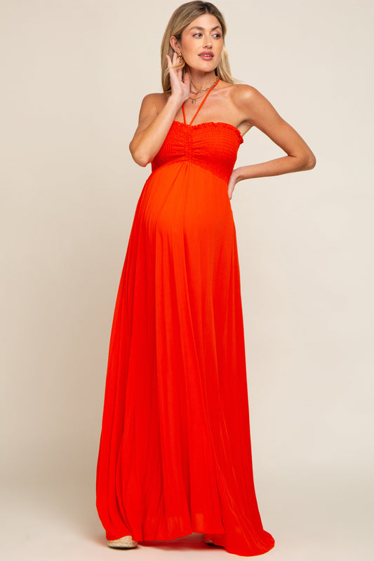 Orange Smocked Halter Maternity Maxi Dress
