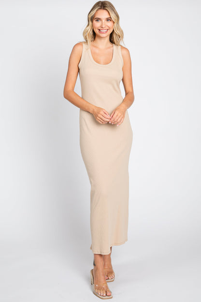 Beige Sleeveless Ribbed Maternity Maxi Dress
