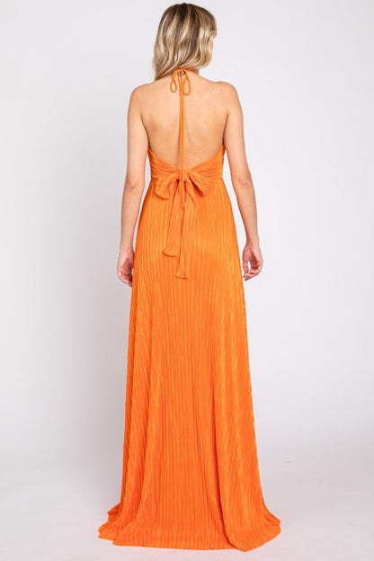 Orange Plisse Halter Back Tie Maxi Dress