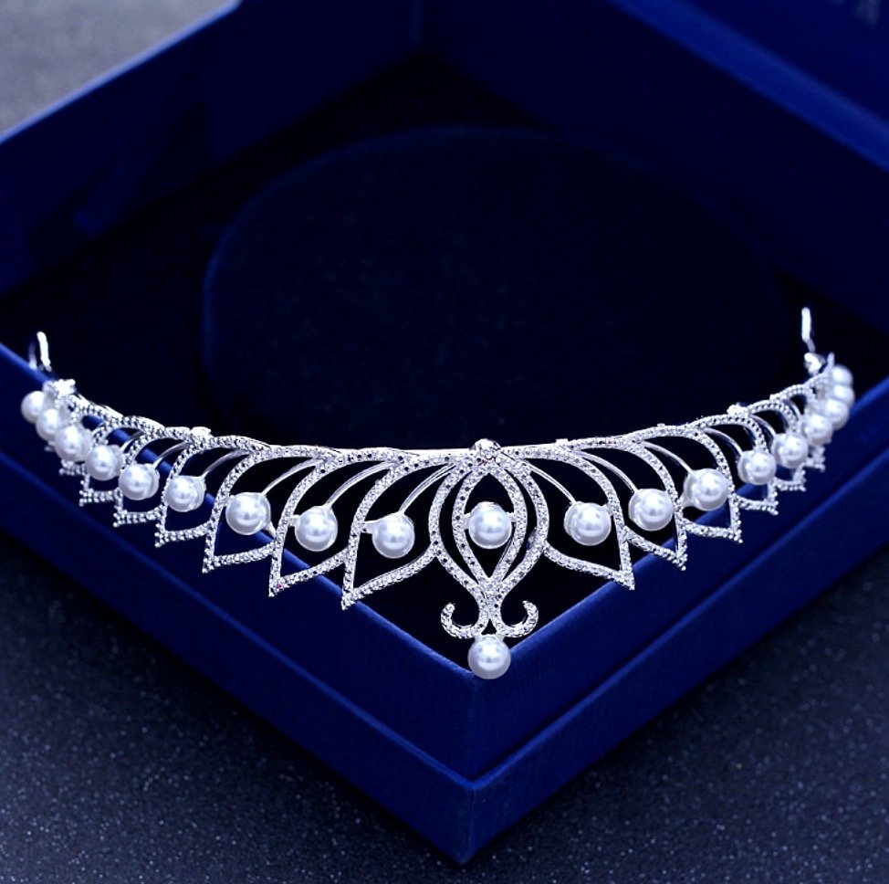 Tracy - Wedding Pearl and Cubic Zirconia Tiara - Available in Silver and Rose Gold